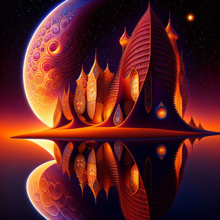 Detailed digital artwork of ornate fantasy structures reflected in water at night