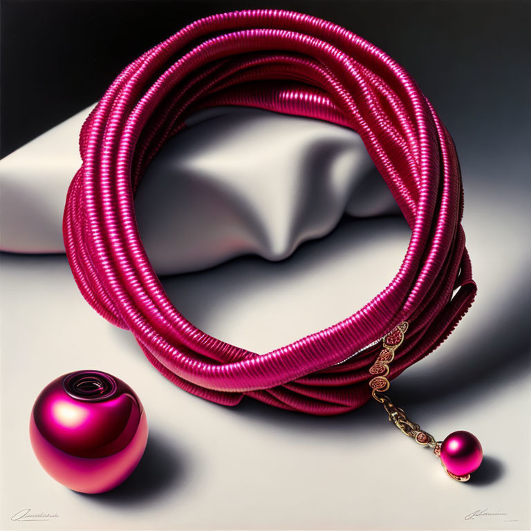 Pink coiled necklace with metallic sheen and ornate gold clasp beside pink bead on white surface