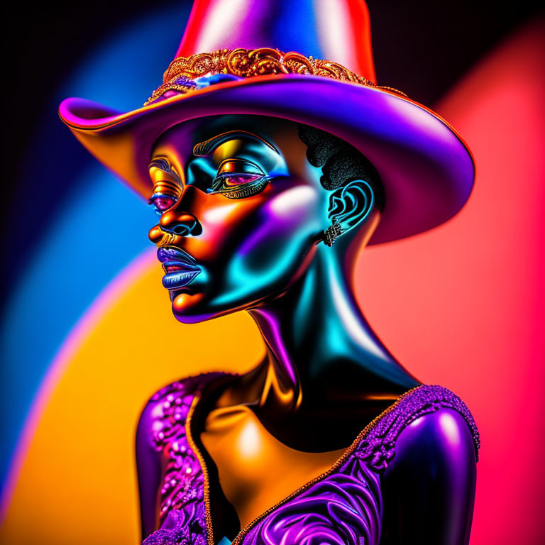 Colorful digital artwork: Woman with metallic skin, stylish hat, and intricate garment