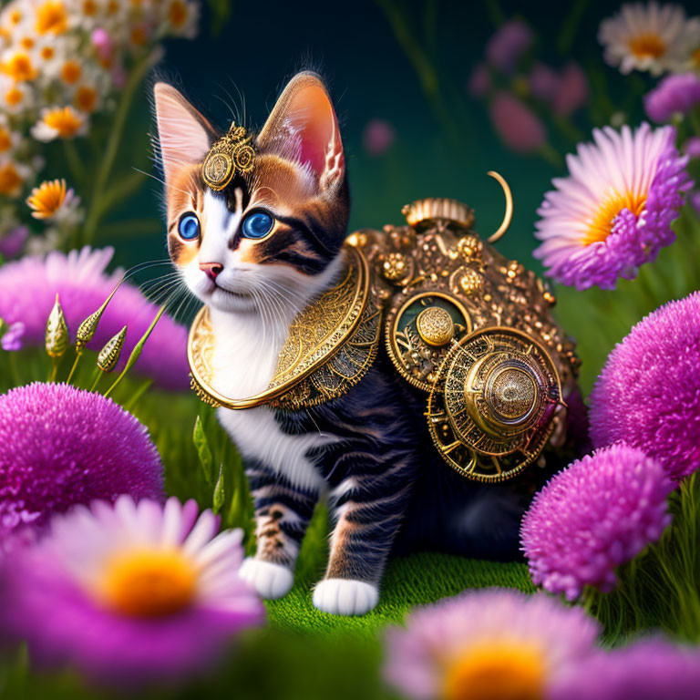 Tabby kitten with gold-plated harness in purple flower field