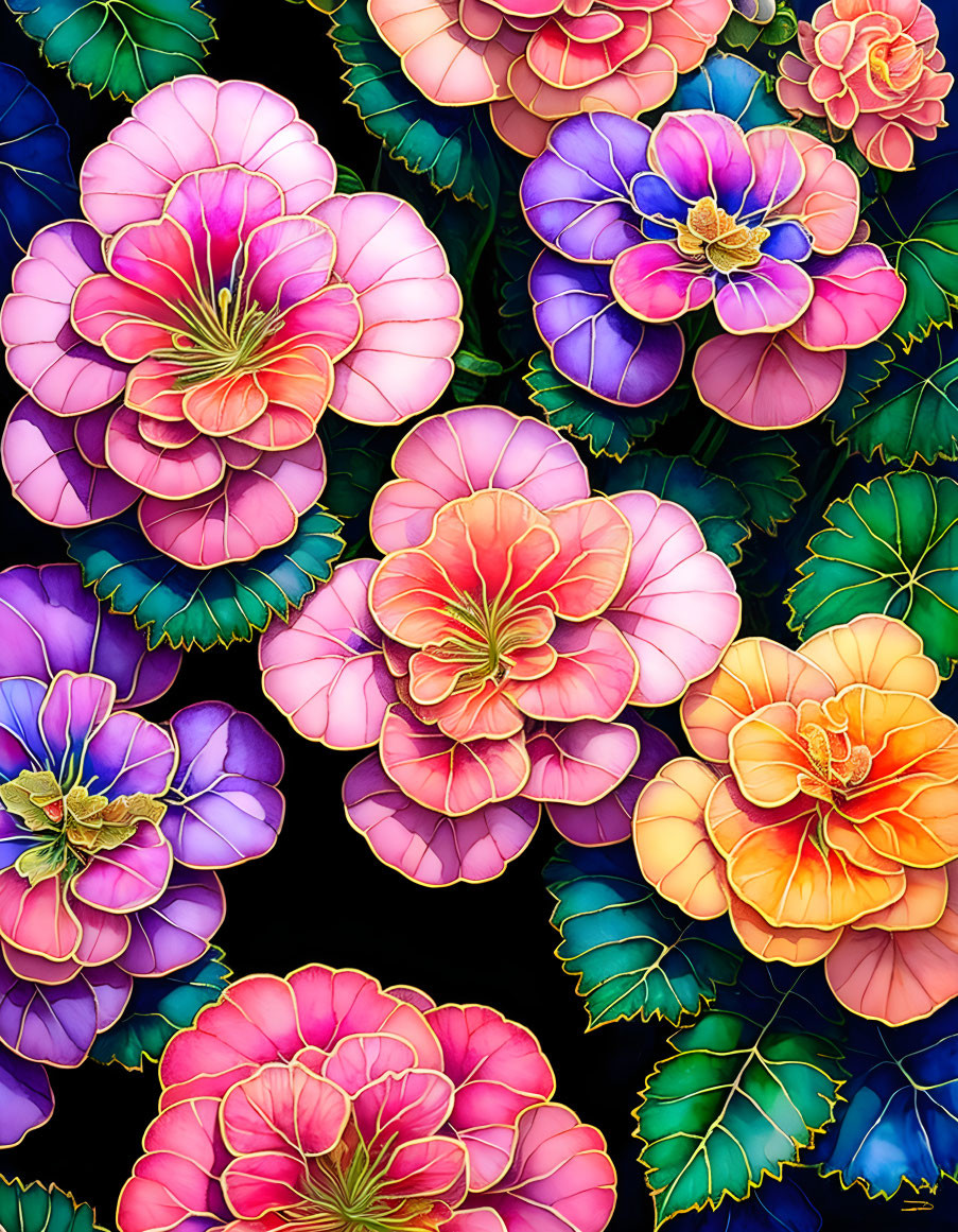 Colorful Floral Illustration Featuring Pink, Purple, and Yellow Flowers on Dark Background