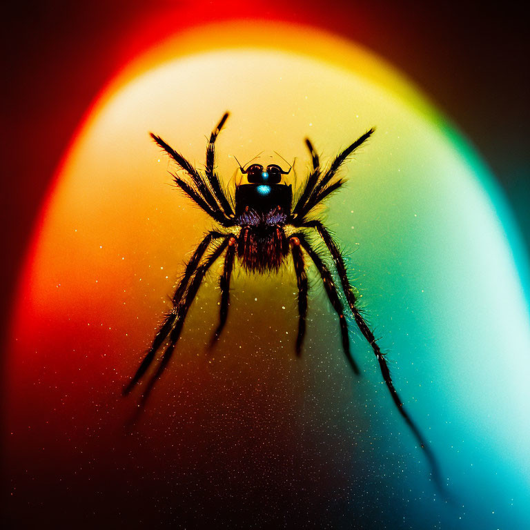 Spider silhouette against red-blue gradient background with furry body.