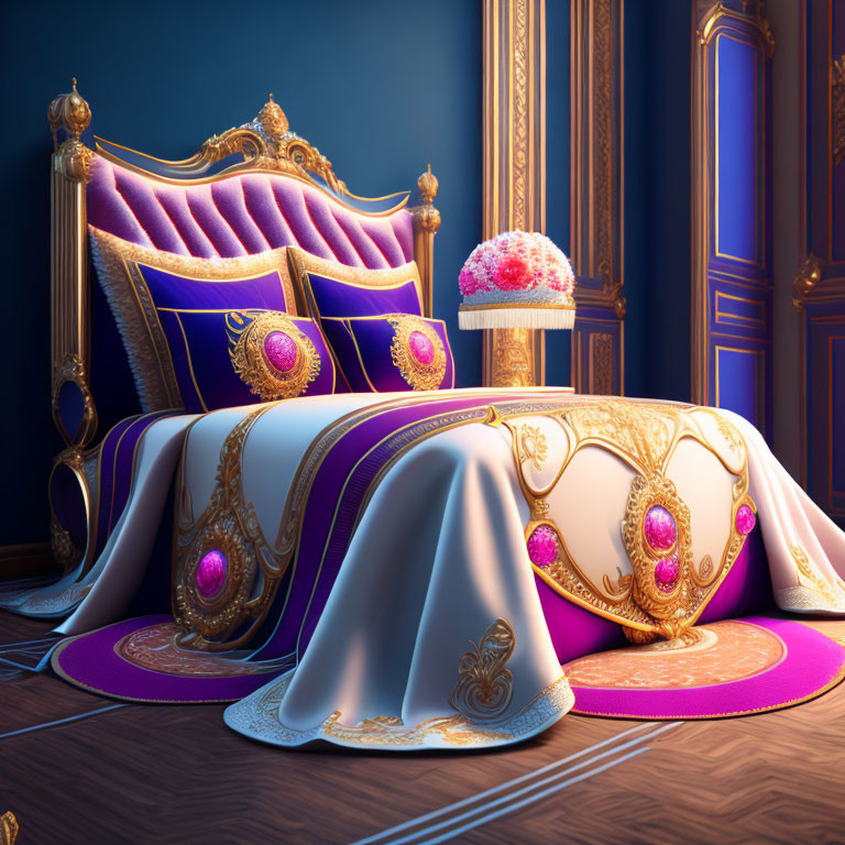 Luxurious Royal Bedroom with Purple & Gold Throne Bed and Elaborate Cake Table