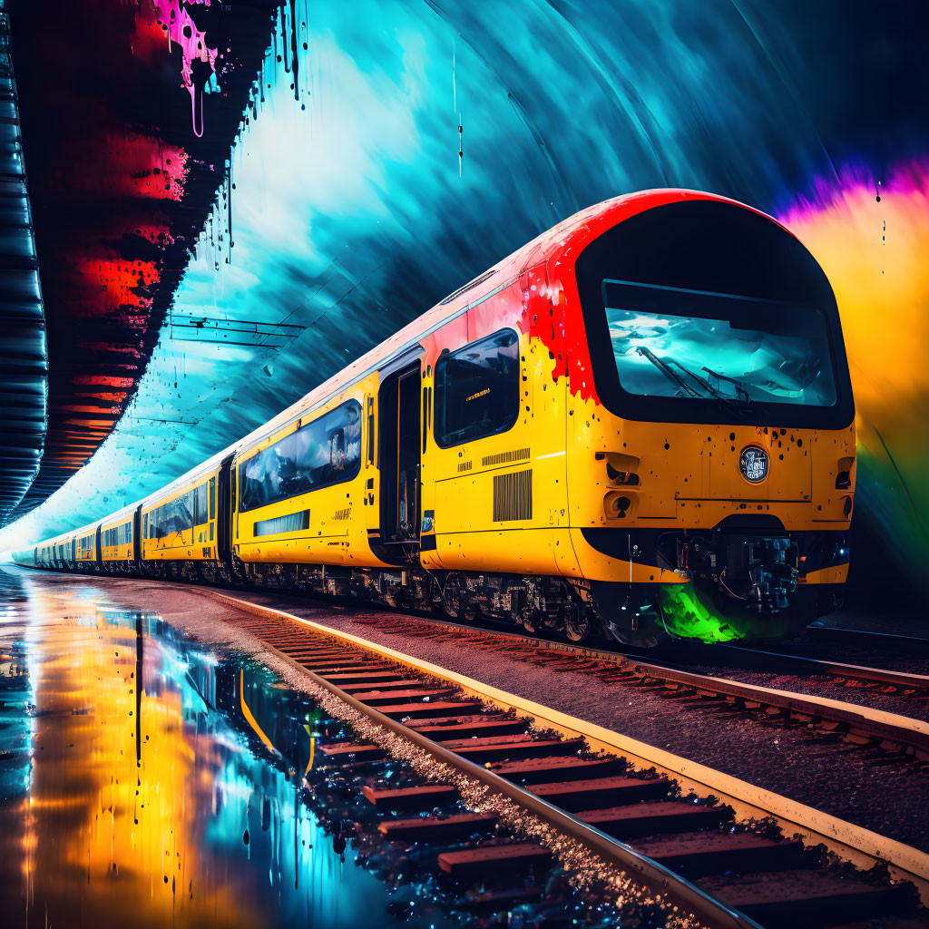 Colorful train in tunnel with dynamic light effects and wet floor