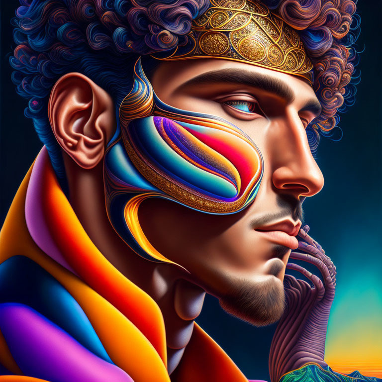 Colorful digital portrait: stylized man with golden crown and multicolored mask