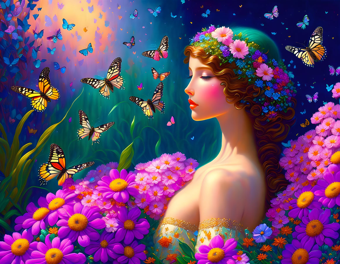 Colorful Woman with Floral Wreath Surrounded by Butterflies and Flowers