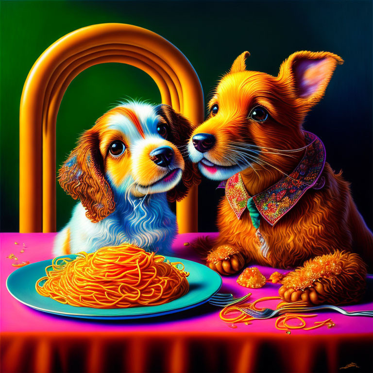 Colorful dogs enjoying spaghetti at a table