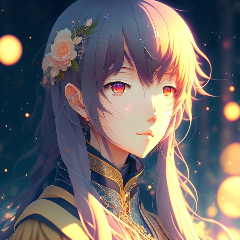 Illustrated portrait of character with violet hair and golden eyes, adorned with flowers on dark, sparkling background