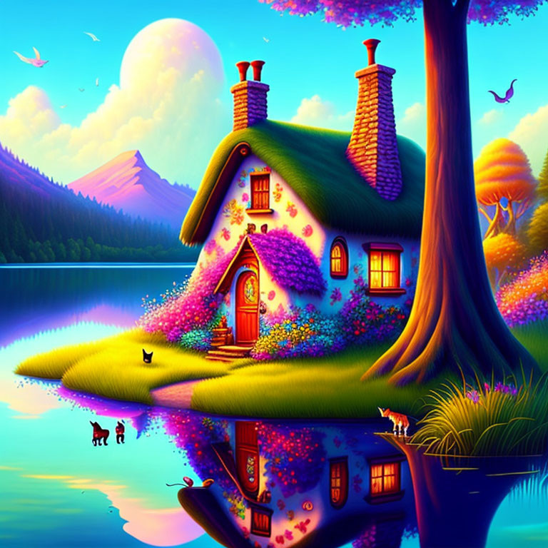 Vibrant cottage by lake at twilight with glowing moon and colorful flora