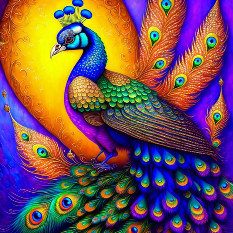 Colorful Peacock Illustration on Orange and Purple Background