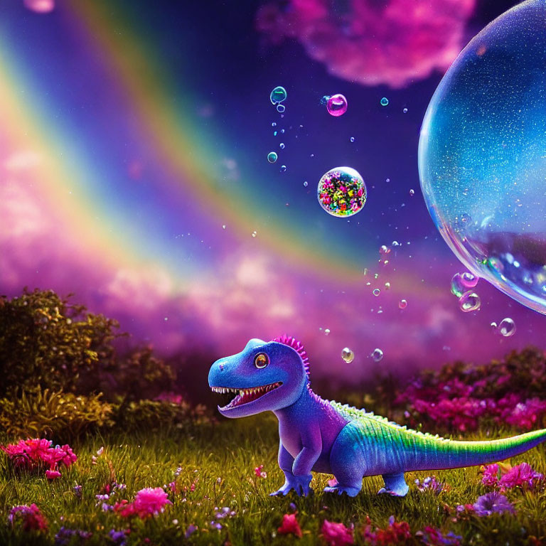 Colorful Cartoon Dinosaur Surrounded by Flowers and Rainbow