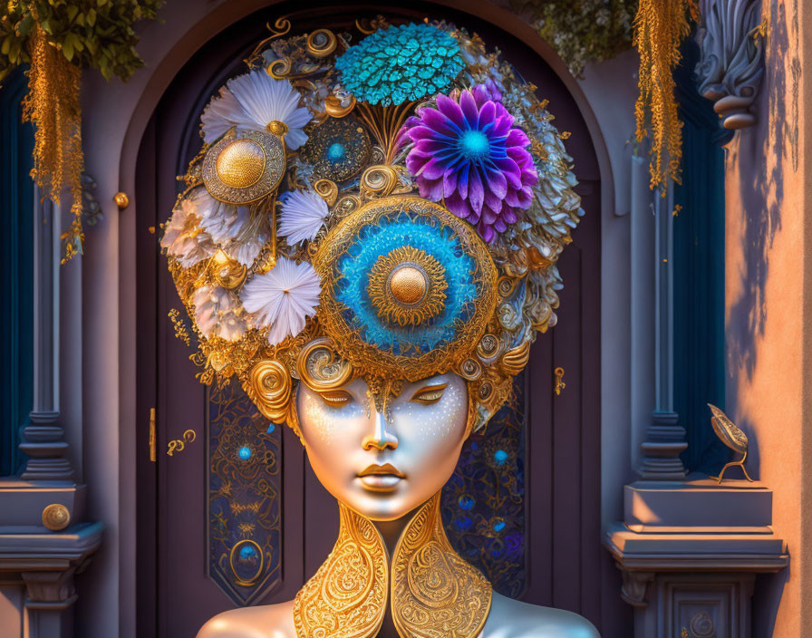 Digital artwork of female figure with ornate golden headdress.