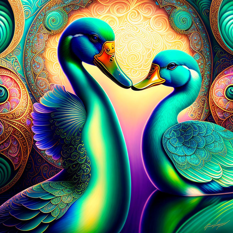 Colorful digital artwork featuring two stylized swans with intricate feather patterns on an ornate background.