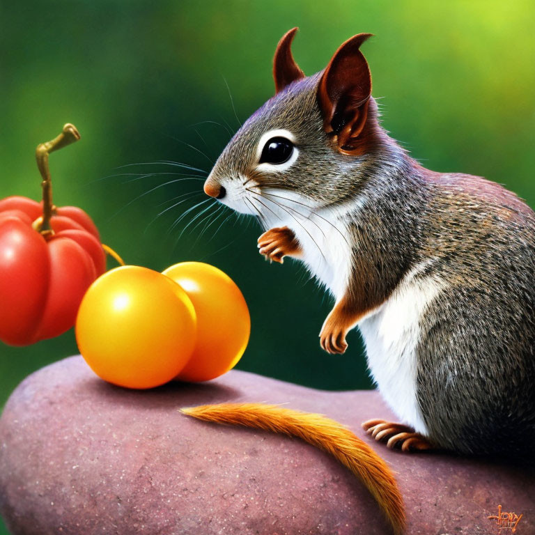 Detailed Illustration: Cute squirrel with cherry tomatoes on rock