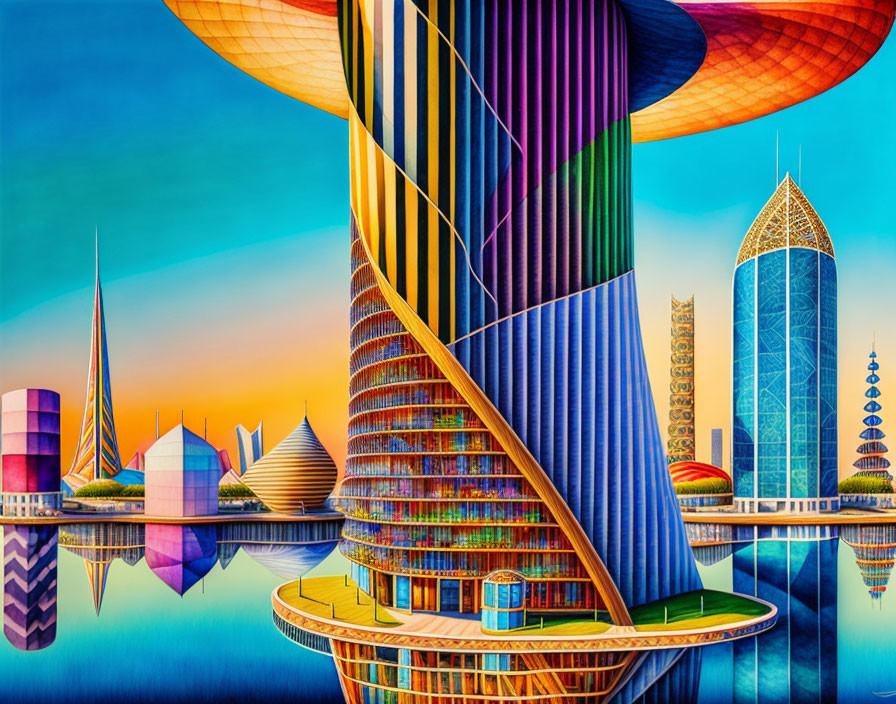 Vibrant futuristic cityscape with spiral structure and reflective skyscrapers