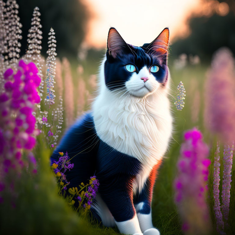 Black and White Cat with Blue Eyes in Purple Flower Field at Sunset