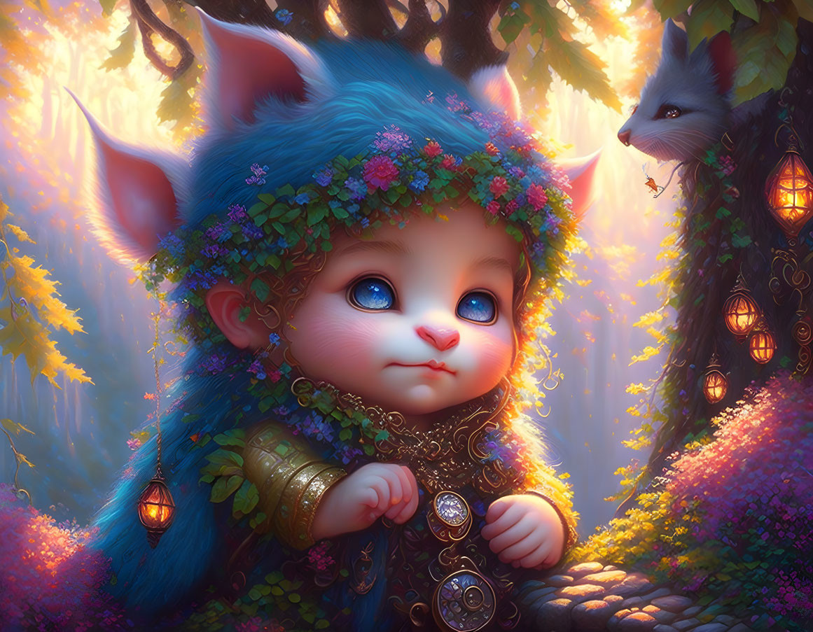 Whimsical blue-furred creature with floral crown in enchanted forest