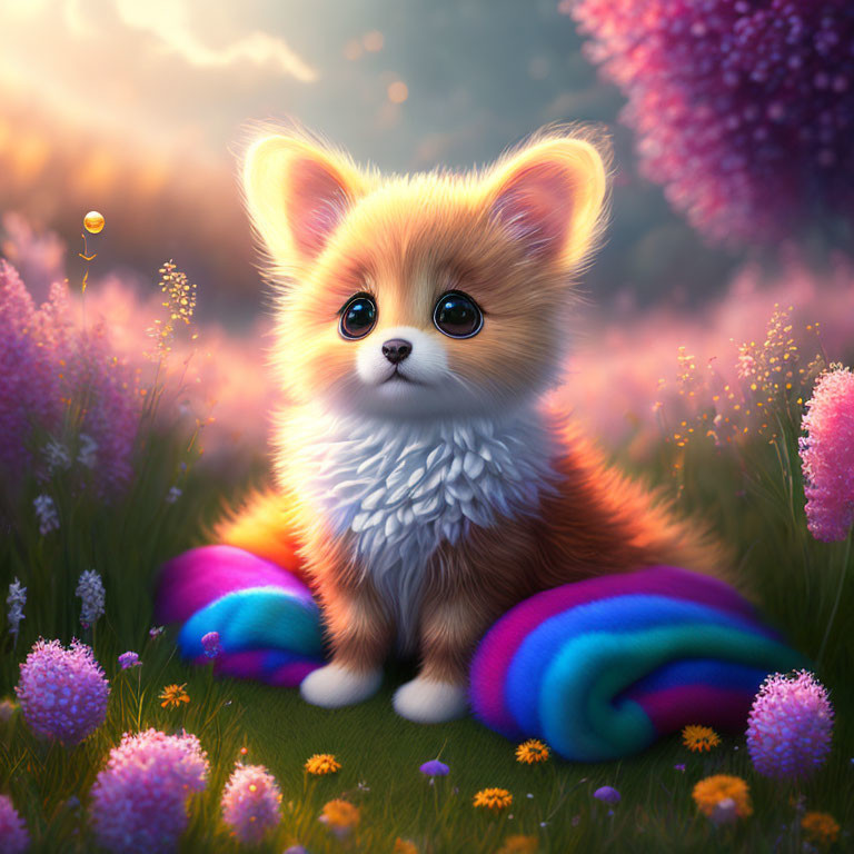 Fluffy orange kitten in fantasy meadow at sunset