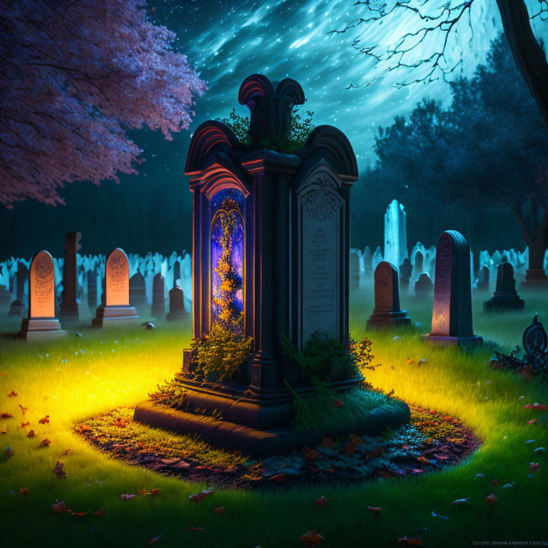 Mystical graveyard scene with illuminated tombstone and glowing flora at night