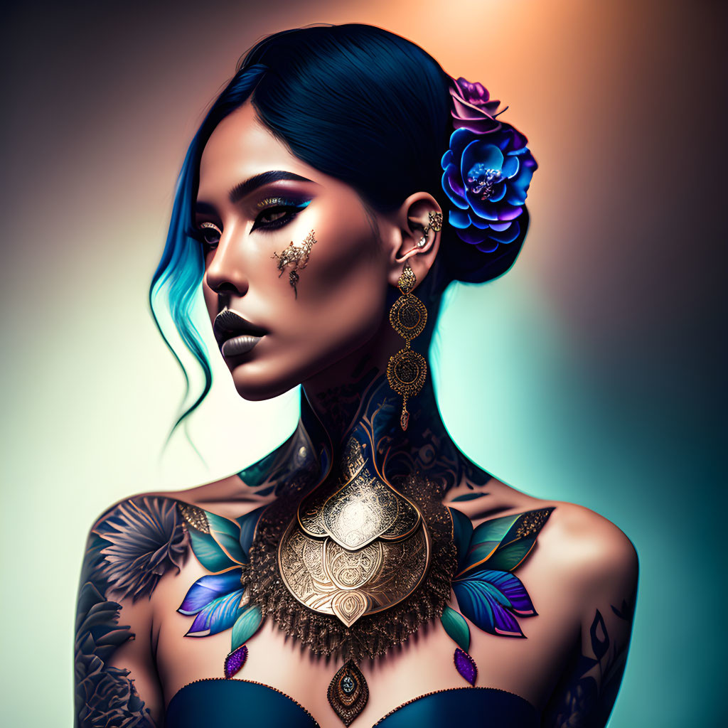 Blue-skinned woman with elaborate tattoos and ornate necklace in mystical illustration