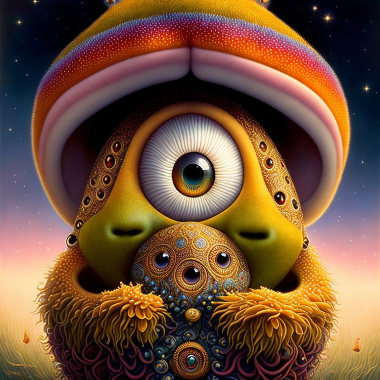 Vibrant surreal creature with central eye and ornate patterns