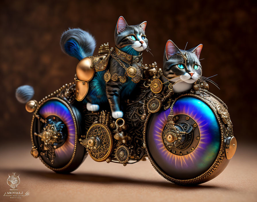 Steampunk armored cats on fantasy motorbike with metallic details.