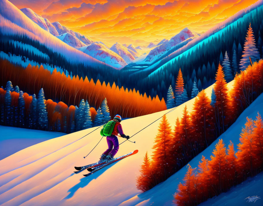 Skier descending snowy slope under fiery sunset skies