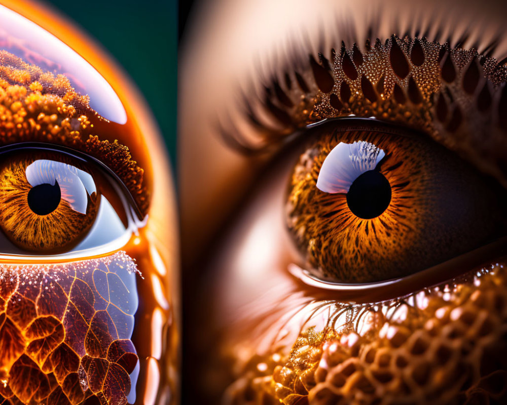 Detailed Close-Up of Human Eyes with Orange and Brown Irises and Textured Flower-Like Patterns