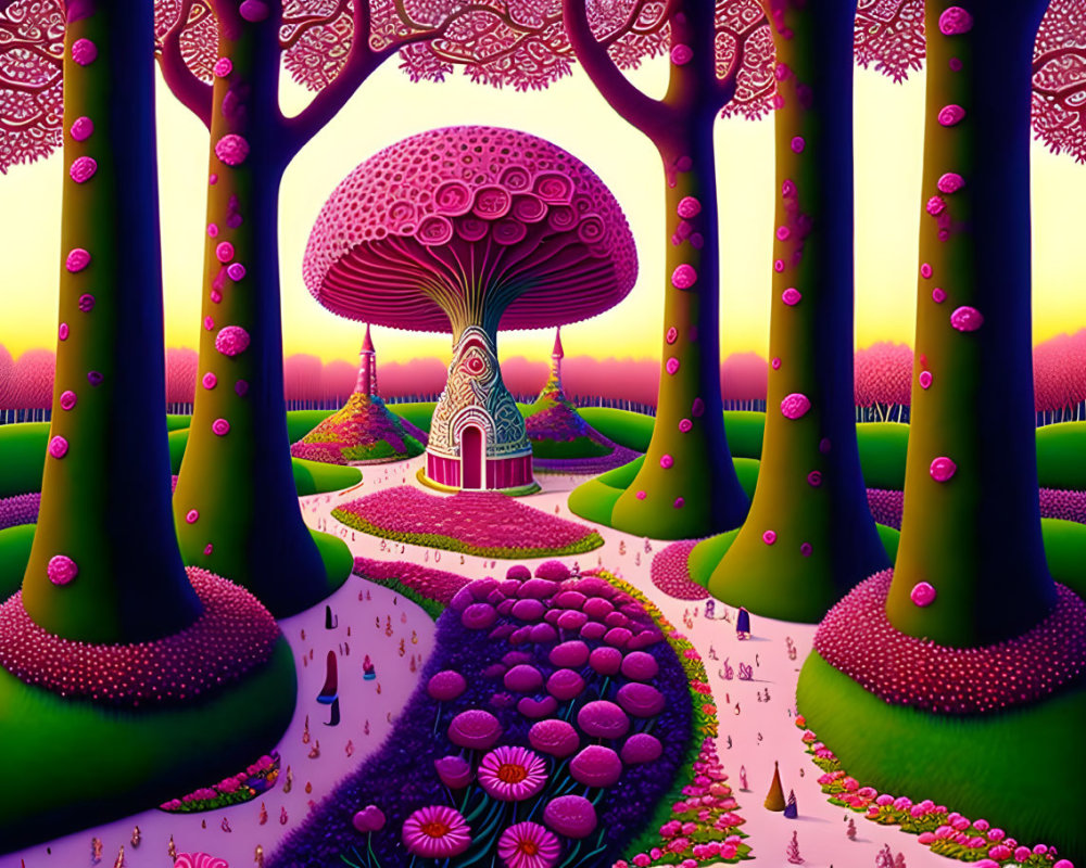 Fantastical landscape with oversized mushroom structures in vivid colors