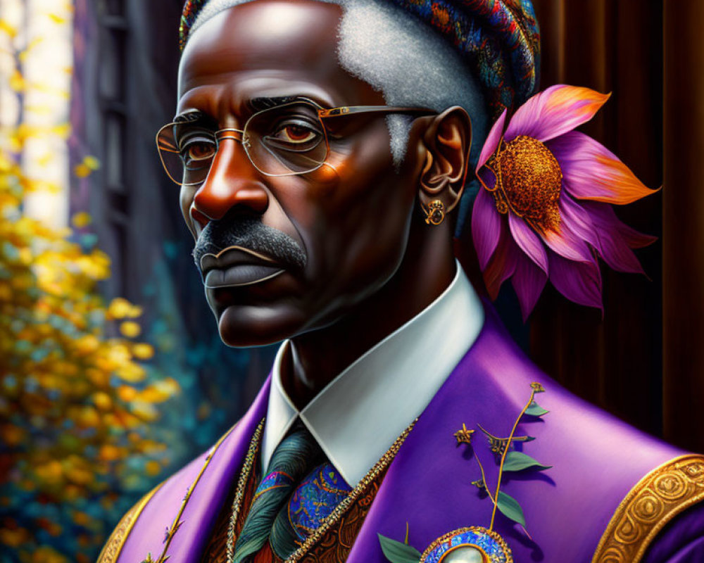 Stylized portrait of a man with glasses in vibrant attire against autumn backdrop