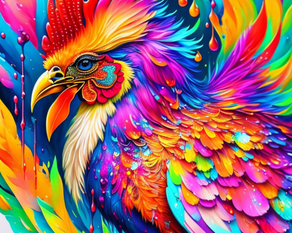 Colorful Rooster Illustration with Drips and Splatters in Blue, Red, Yellow, and