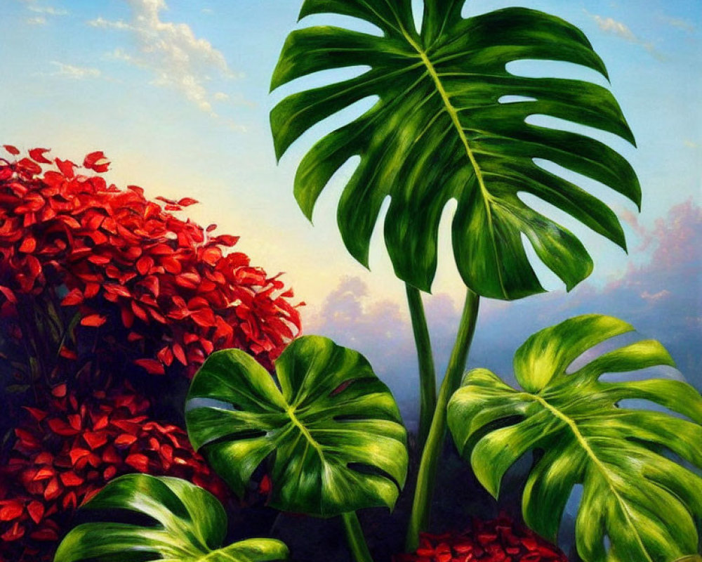 Colorful Monstera Leaves and Red Flowers Against Blue Sky