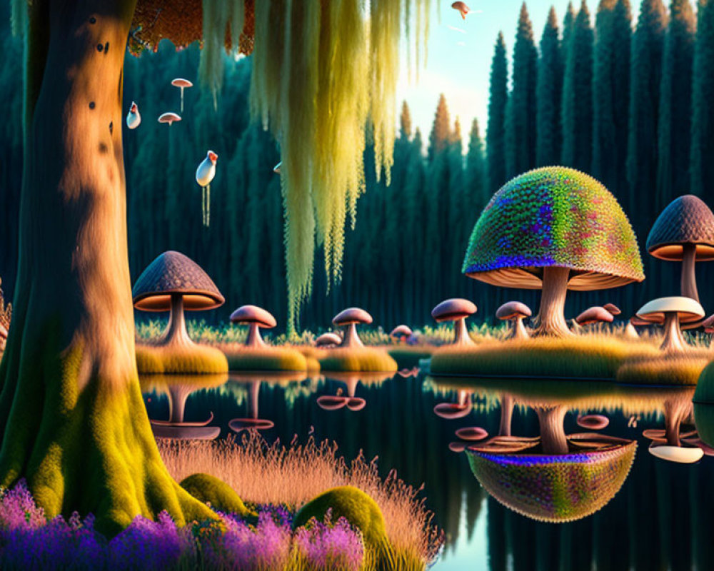 Fantasy Forest Scene with Oversized Mushrooms and Colorful Flora