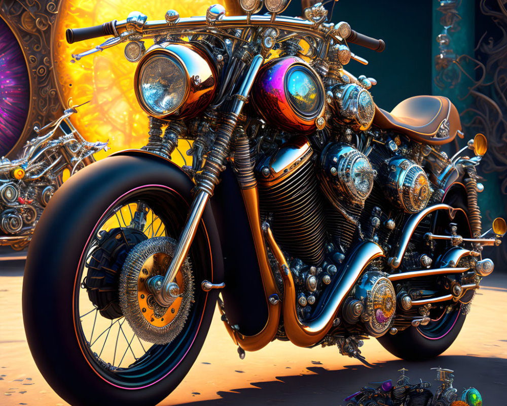 Stylized ornate motorcycle against fantastical backdrop