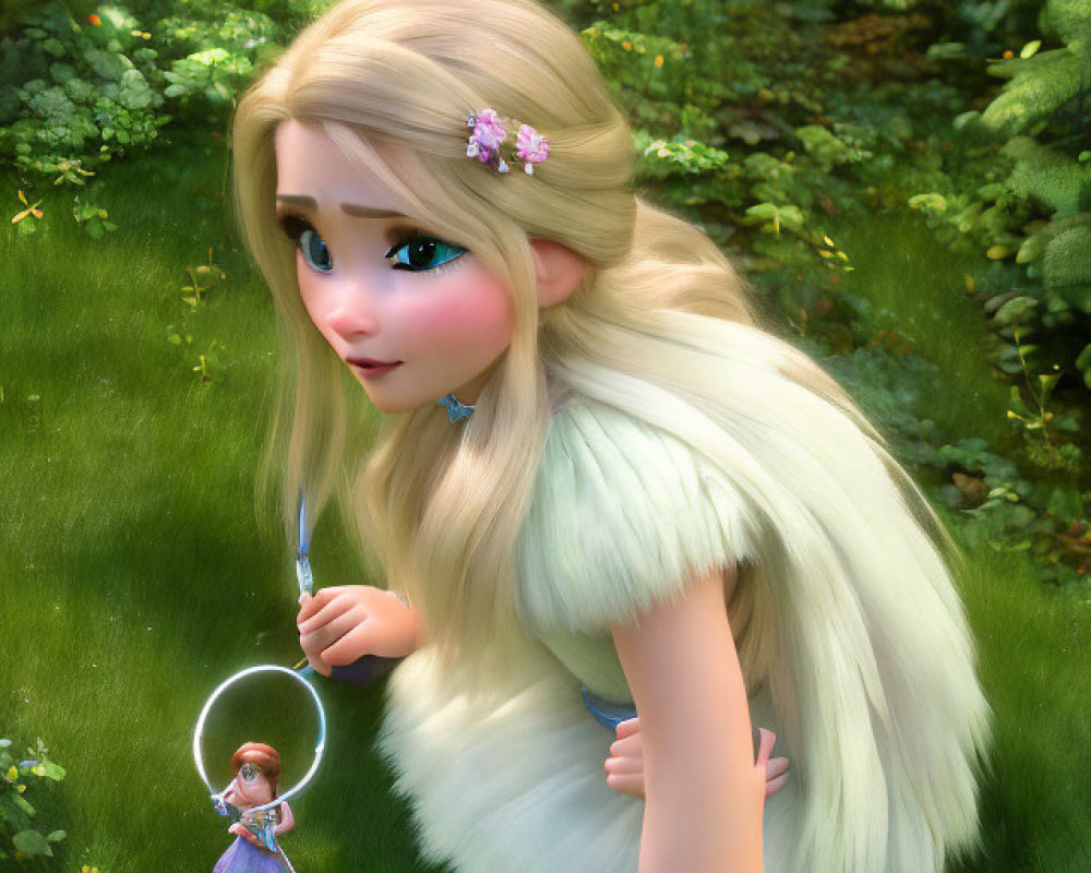 Whimsical digital illustration of a girl with a fairy in a garden