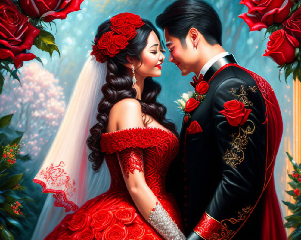 Elaborate red wedding attire couple embracing among roses