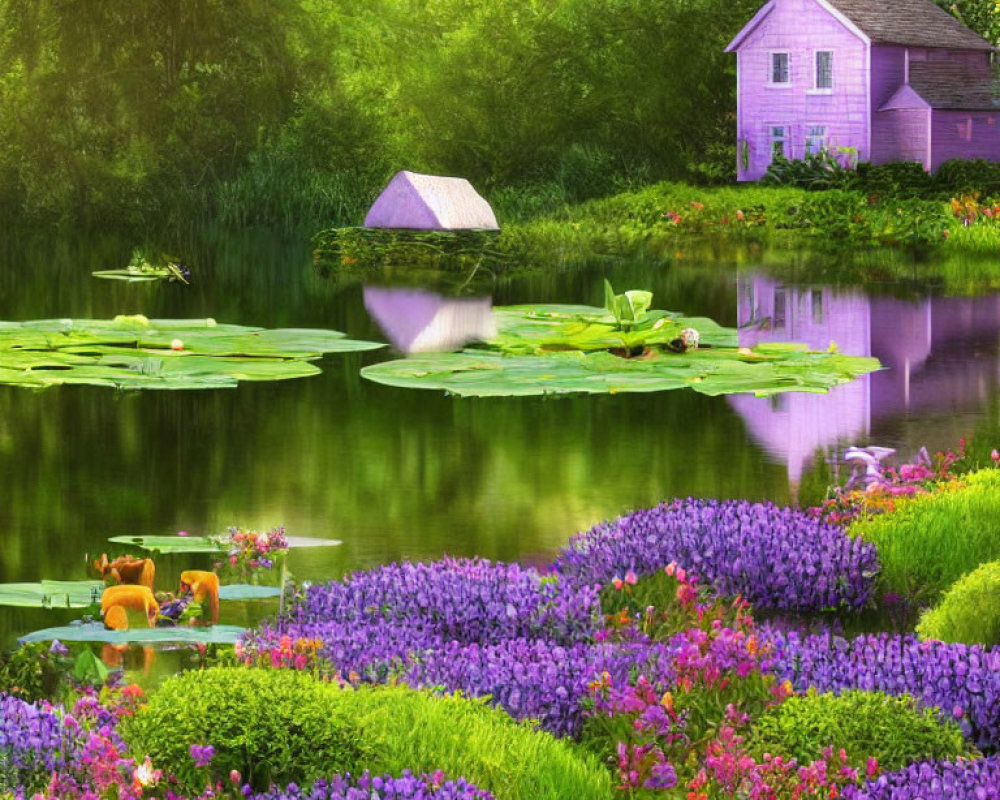 Tranquil pond with purple flowers, lily pads, and pink house in lush setting