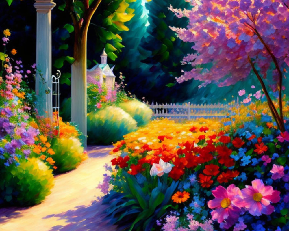 Colorful Flower Garden Path with Trees and White Column