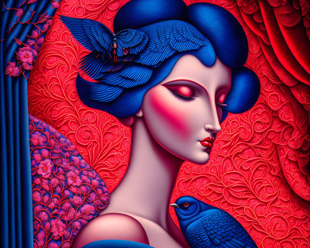 Stylized woman with blue hair and red skin, blue bird on shoulder, against red floral background