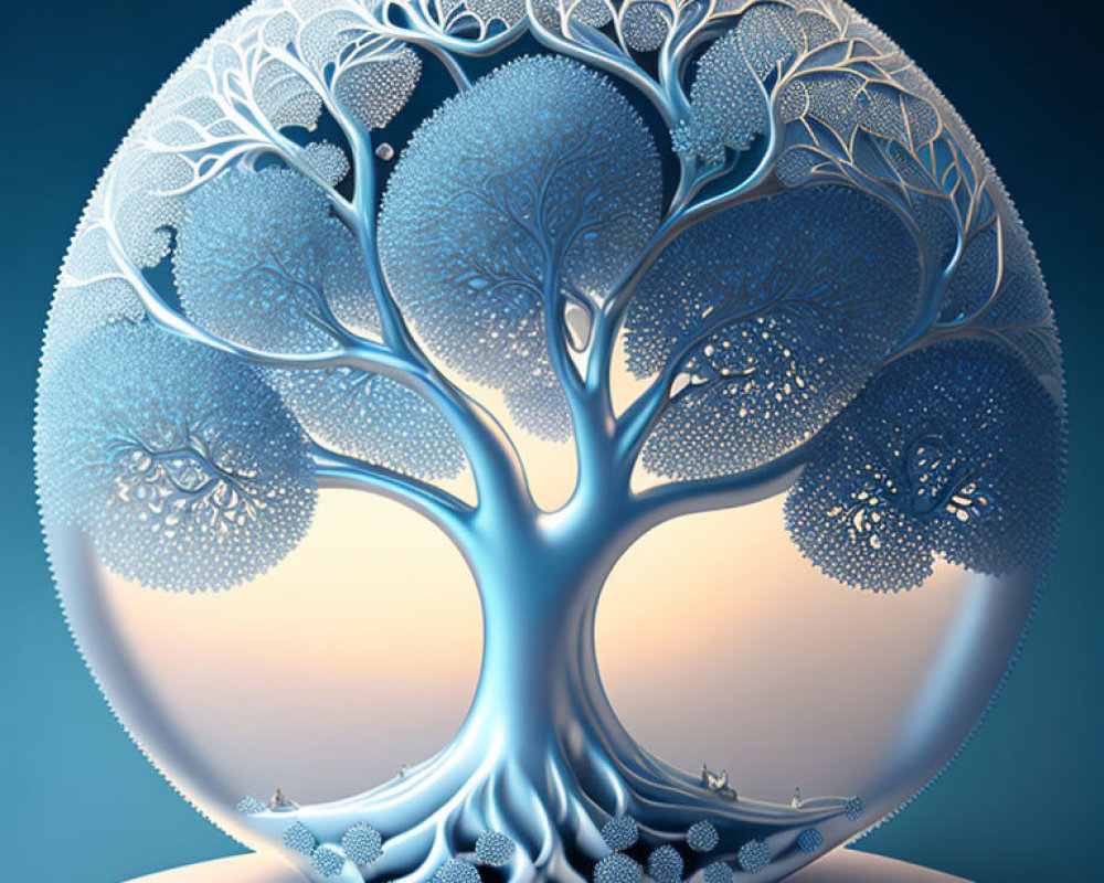 Detailed digital artwork: Stylized tree with circular canopy on blue gradient.