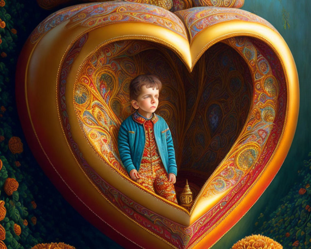 Child in colorful heart-shaped structure amid lush greenery