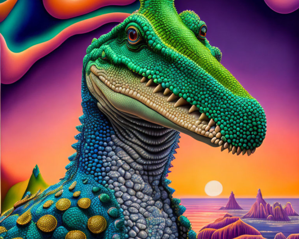 Colorful Stylized Dinosaur in Surreal Landscape at Sunset