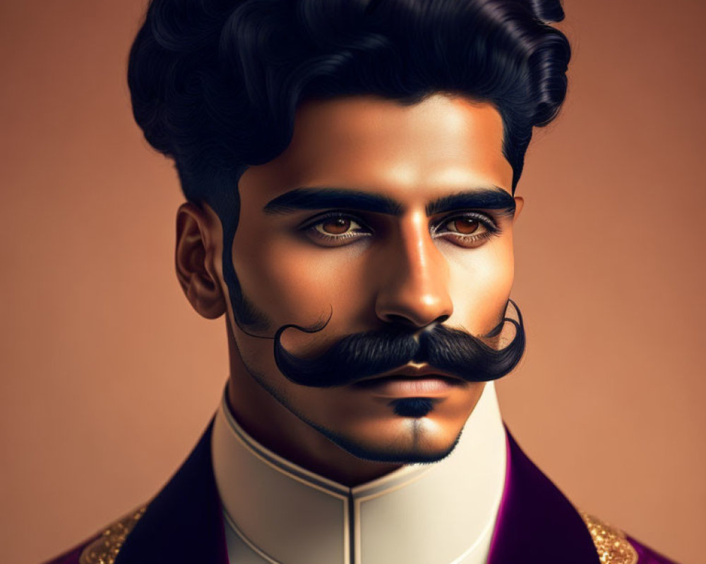 Man with Stylized Hair and Prominent Mustache in High-Collared Outfit