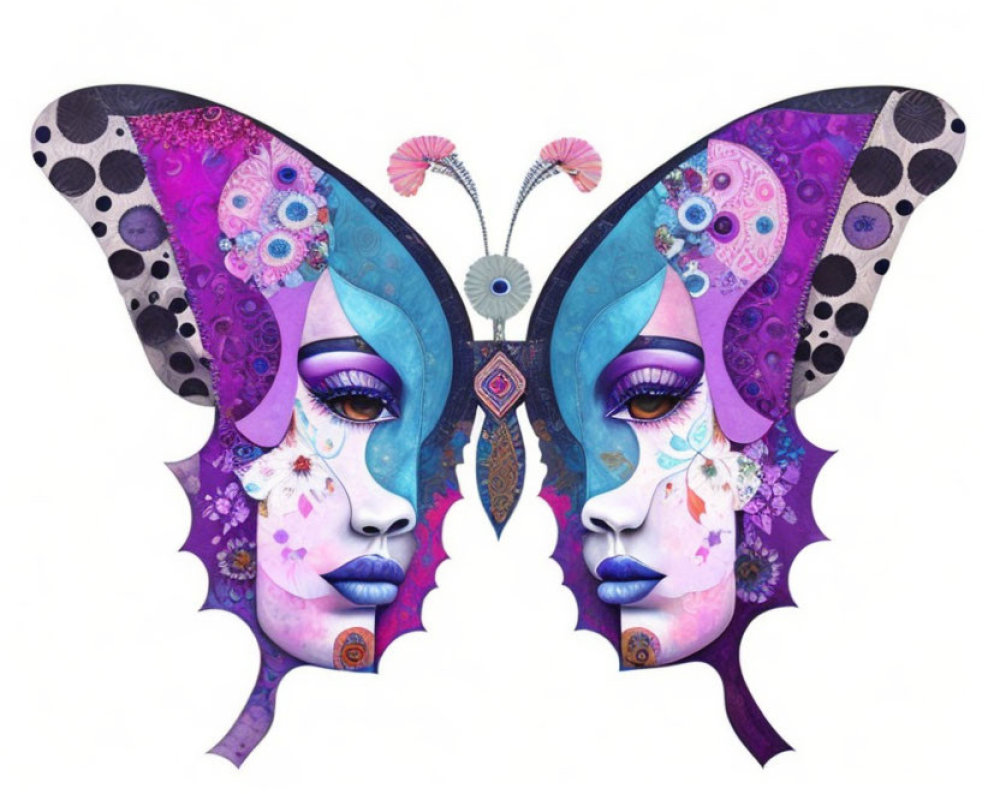 Symmetrical Butterfly and Human Face Artwork with Floral Motifs