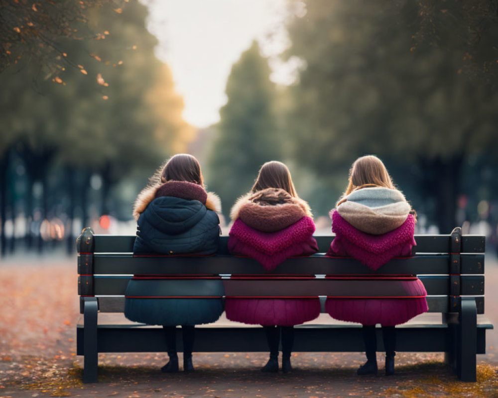 Three People in Warm Clothing on Park Bench Surrounded by Autumn Leaves