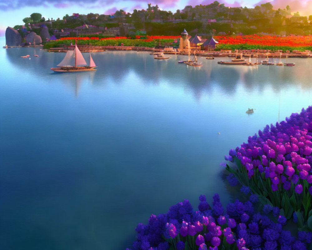 Tranquil Harbor Scene with Boats and Tulip Fields at Sunrise