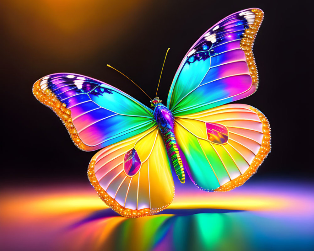 Colorful Digital Butterfly Perched on Reflective Surface