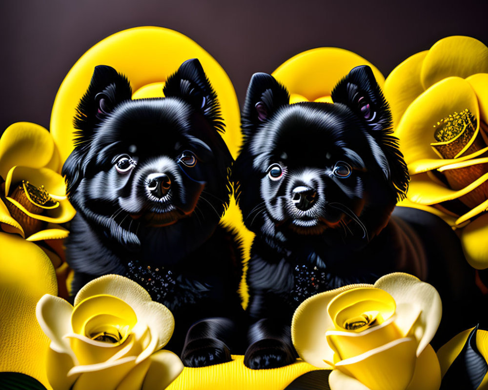 Glossy Black Dogs Among Vibrant Yellow Roses on Dark Background