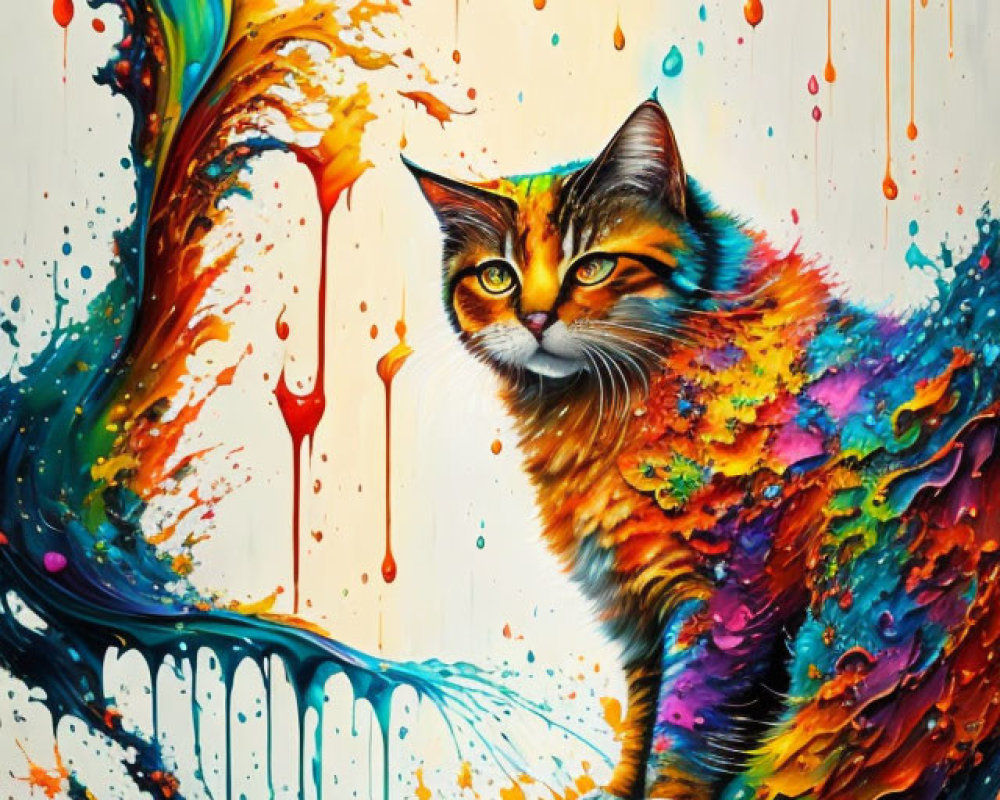 Colorful Cat Painting with Swirling Paint Splashes