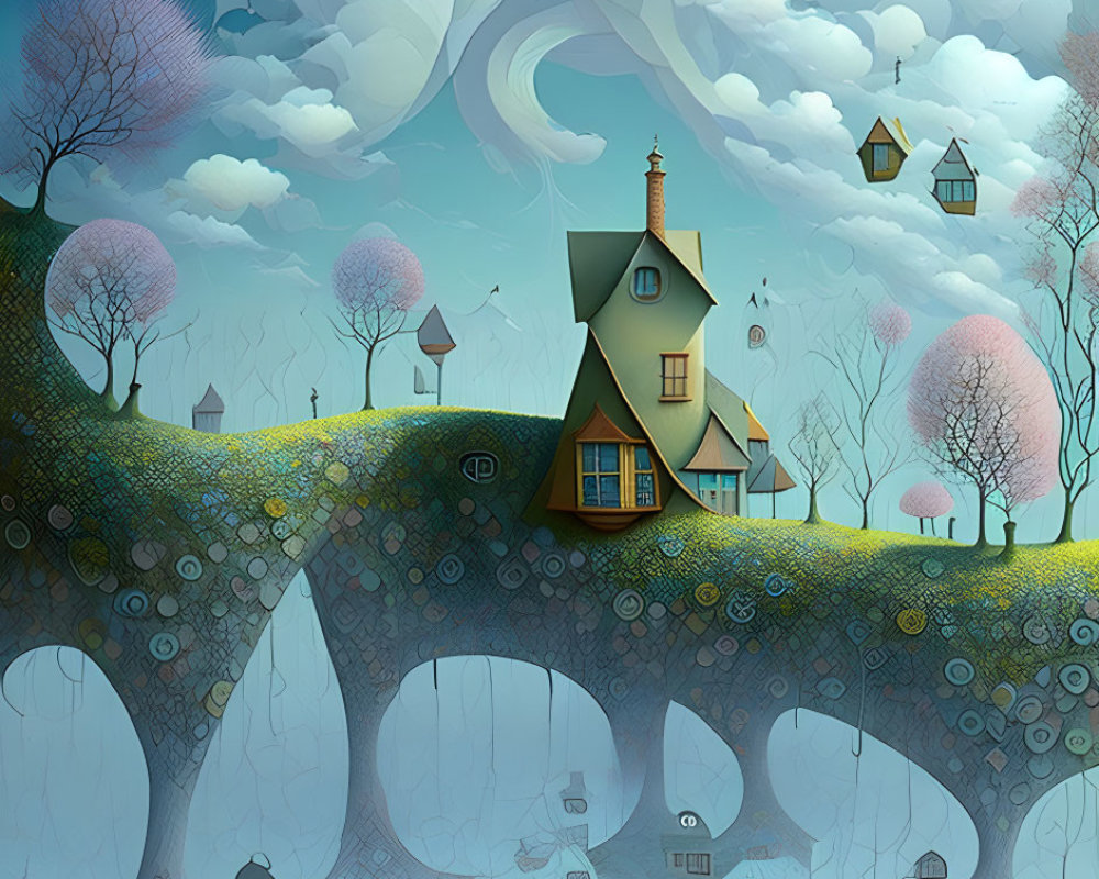 Whimsical house on curved tree bridge with lanterns and surreal sky